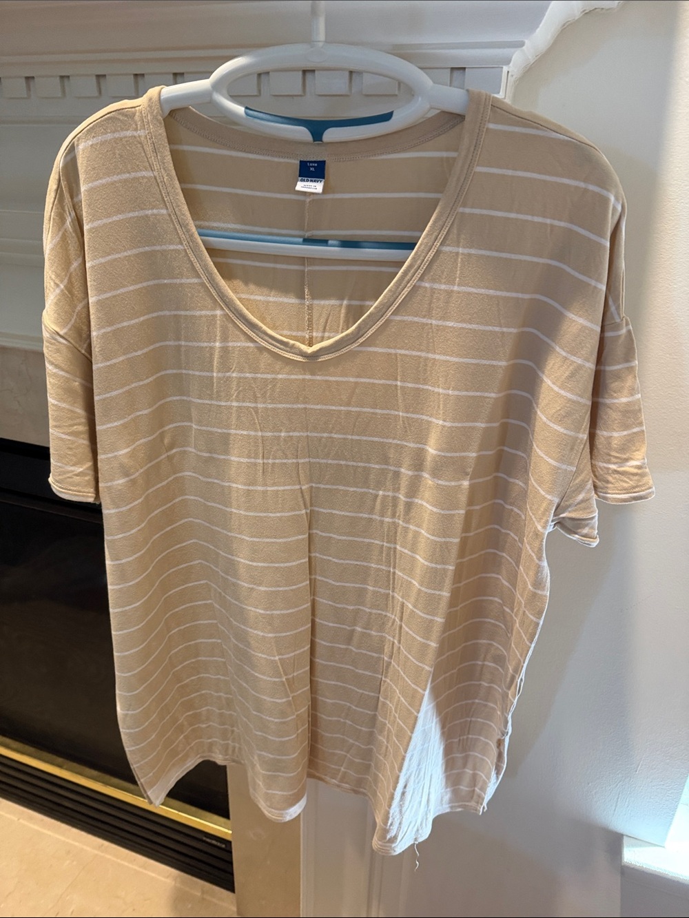 Old Navy Beige and White Striped V-Neck Tee